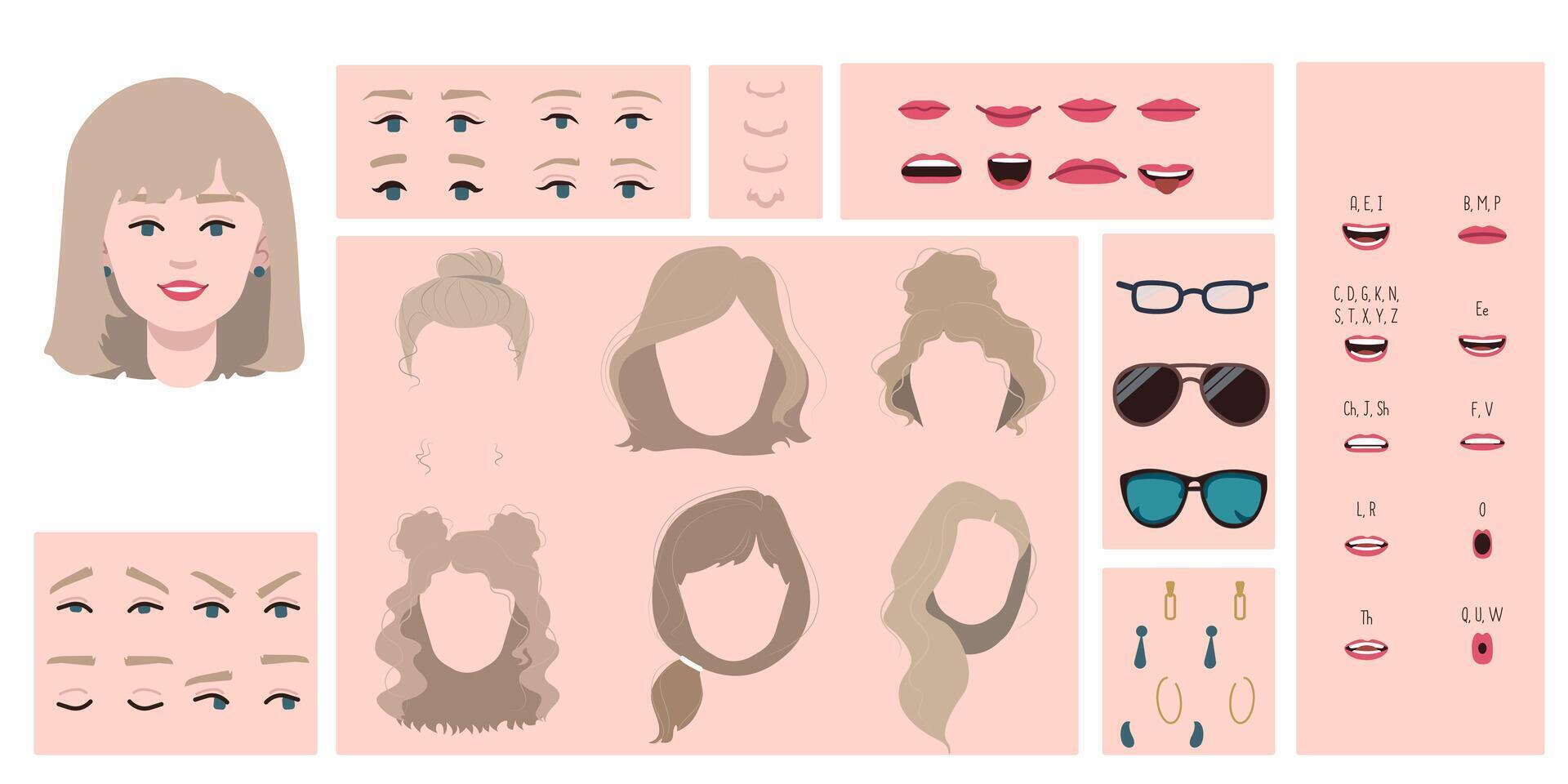 Female face constructor, avatar of woman character creation hairstyle, nose, eyes with eyebrows and lips. Cartoon set suitable for animation and lip sync speaking. vector
