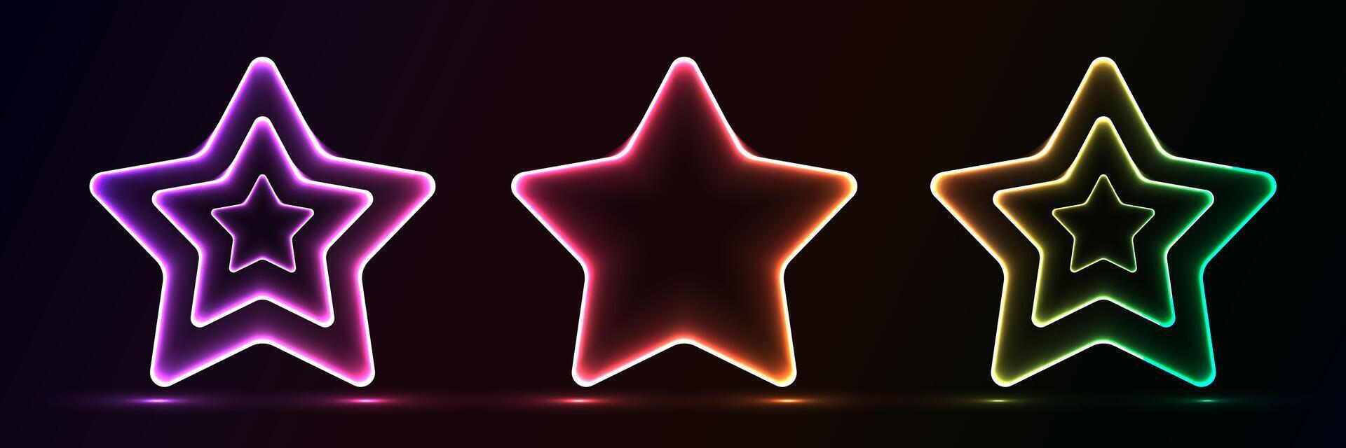 Set of glowing neon stars shape with lighting lines on black background technology concept. Light elements for badges, price tag, label cards, logo design, christmas. vector