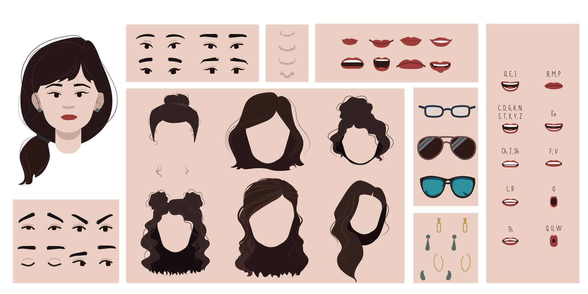 Asian female face constructor, avatar of woman character creation hairstyle, nose, eyes with eyebrows and lips.Cartoon set suitable for animation and lip sync speaking. vector