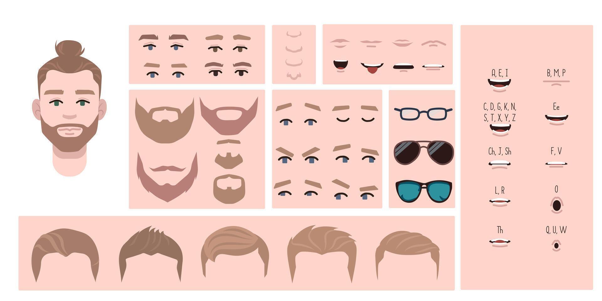 Man face constructor, avatar of male character creation hairstyle, nose, eyes with eyebrows and lips. Facial elements for construction. Cartoon set suitable for animation and lip sync speaking. vector