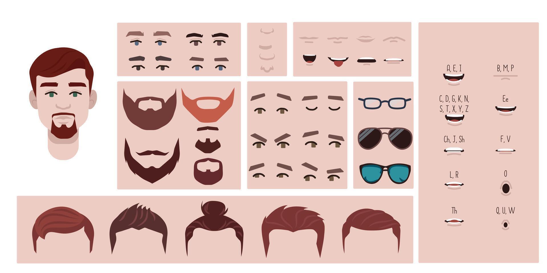 Man face constructor, avatar of male character creation hairstyle, nose, eyes with eyebrows and lips. Facial elements for construction. Cartoon set suitable for animation and lip sync speaking. vector
