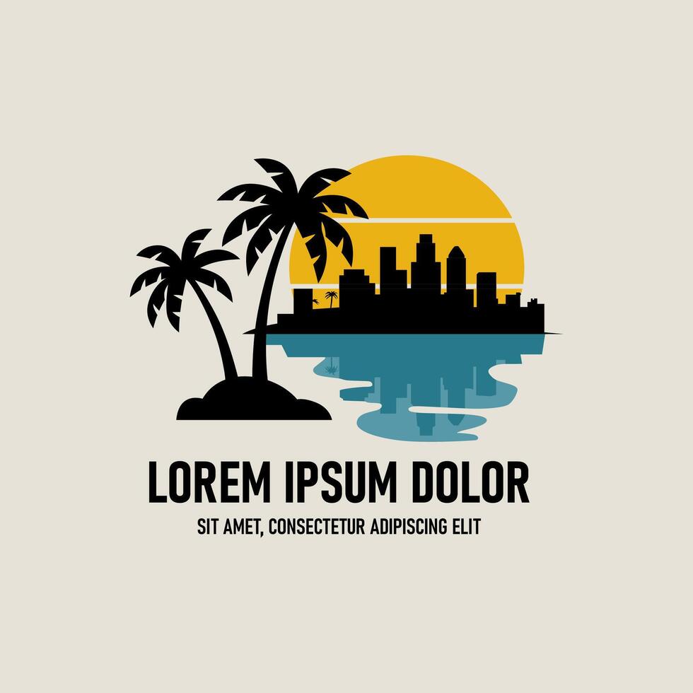 Minimalist logo featuring palm trees, a sunset, and a cityscape reflected in water vector