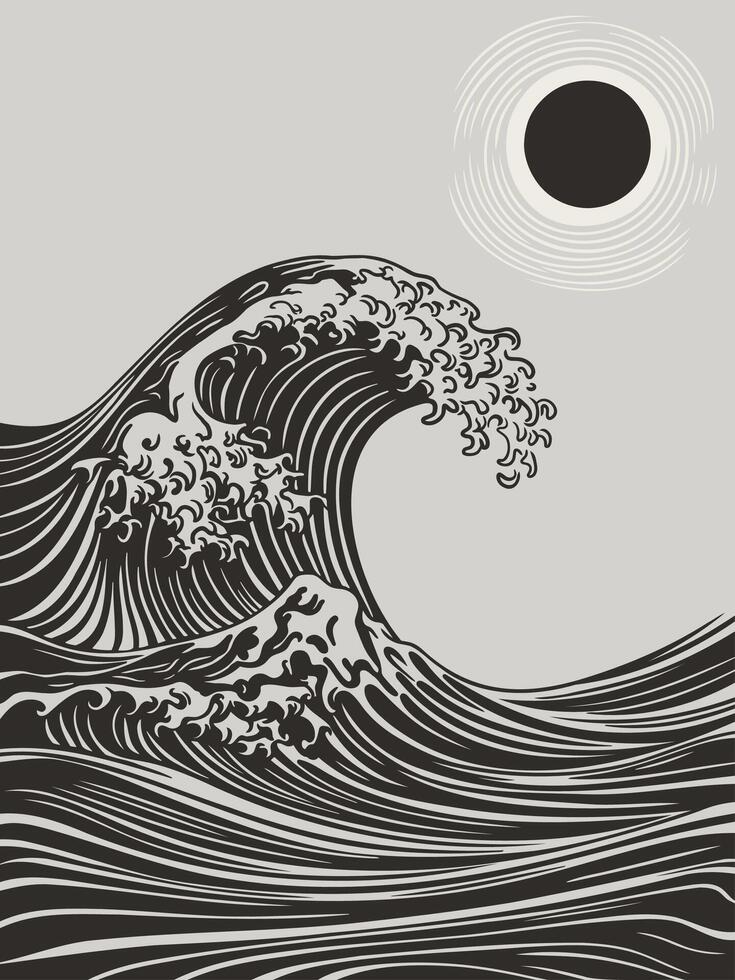 A dramatic black and white wave crashing against the sea, with a dark sun overhead vector