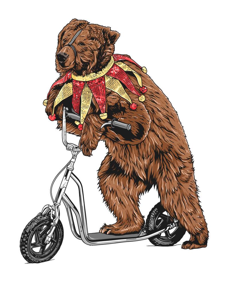 A playful brown bear, dressed as a clown, rides a scooter vector