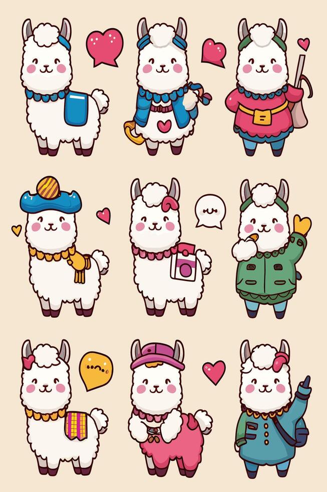 Cute alpaca cartoon set of different characters vector