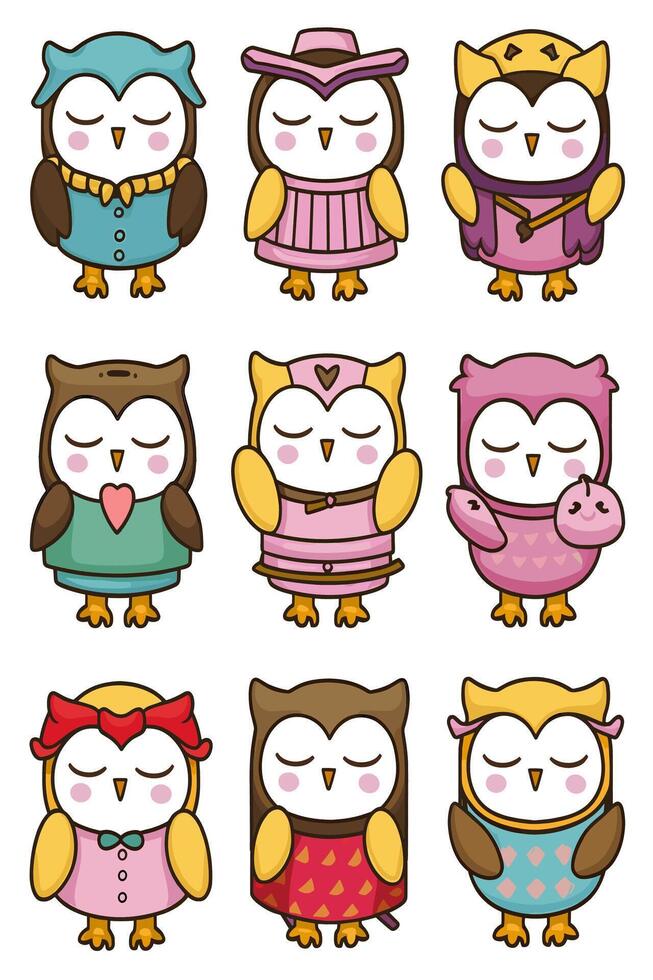 Cute owl cartoon set vector