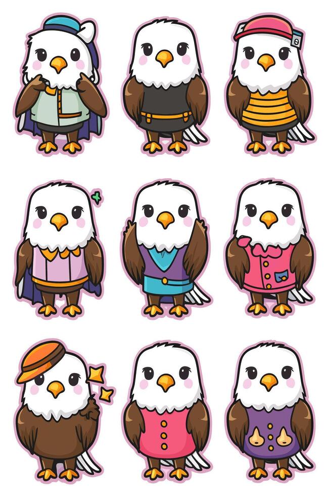 A set of cartoon bald eagles with different outfits vector