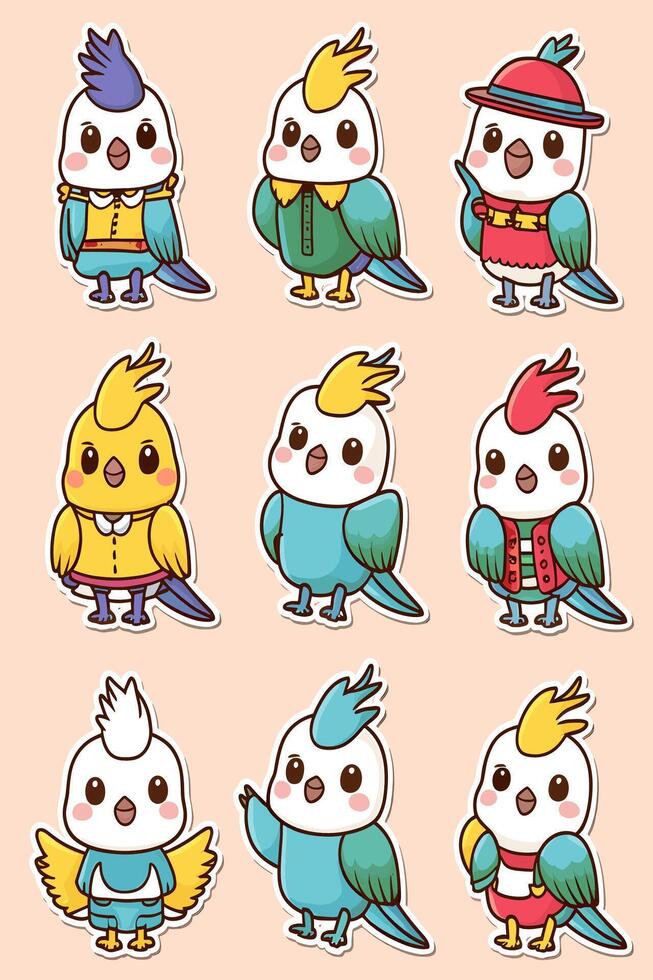 Cute cartoon bird stickers set vector