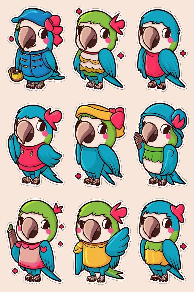 A set of cartoon parrots with different outfits vector