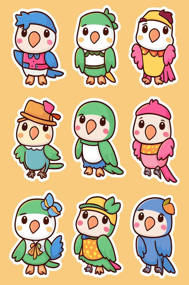 Cute cartoon birds sticker set vector
