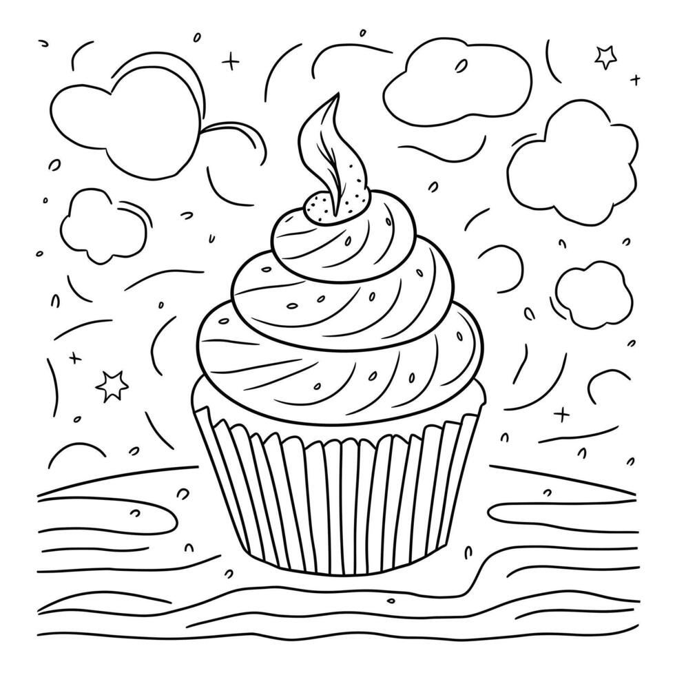 A coloring page with a cupcake and clouds vector
