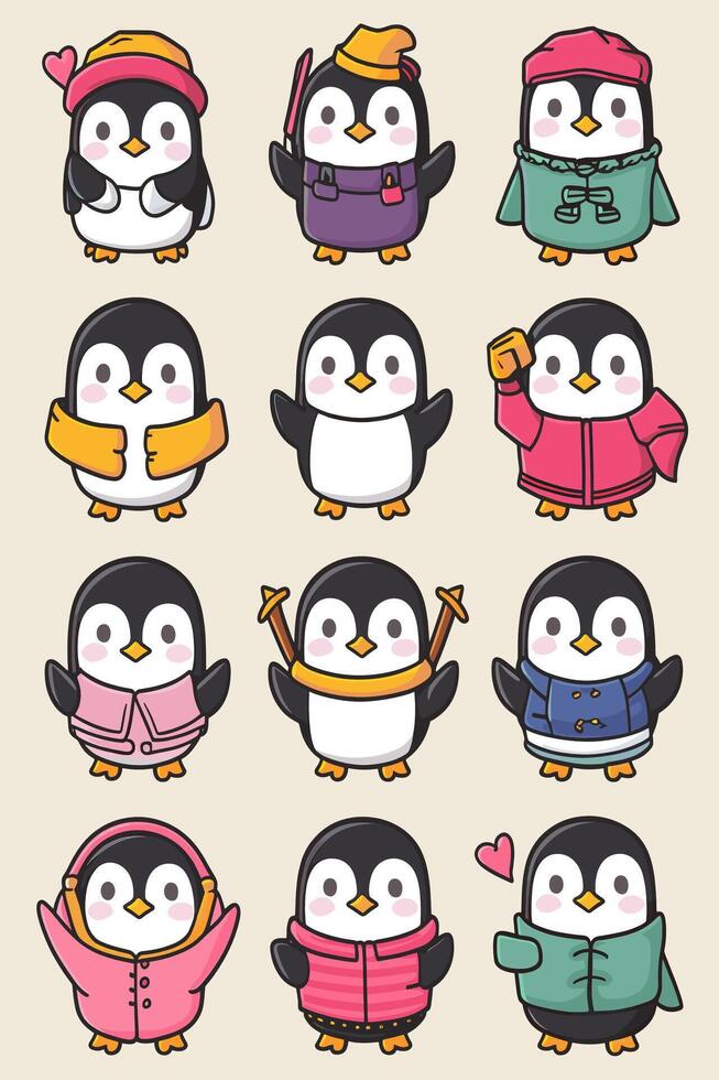 Penguin set of different winter clothes vector