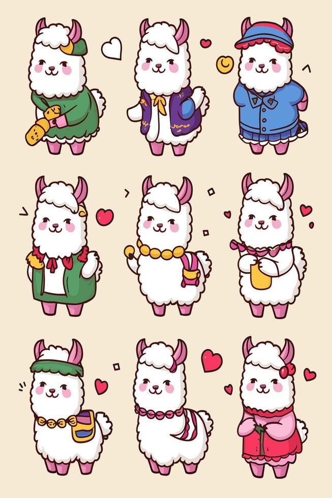 Cute alpaca cartoon set of characters vector