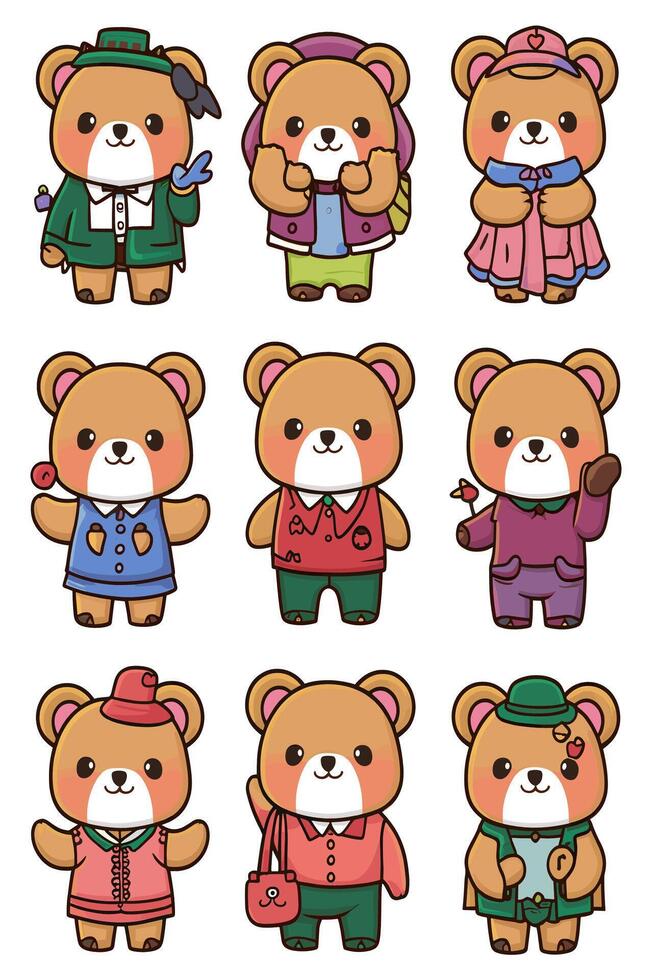 A set of teddy bears in different clothes vector