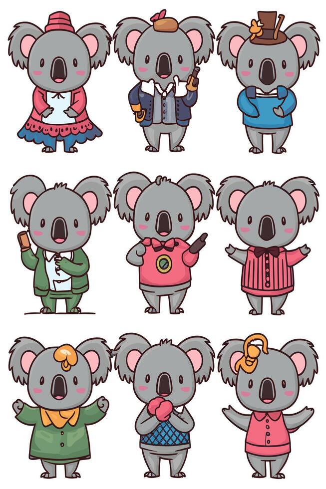 A set of koalas in different clothes and hats vector