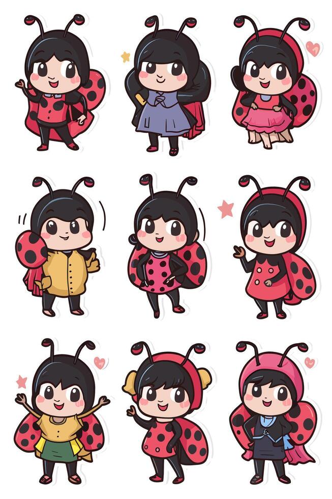 Ladybug stickers set with different poses vector