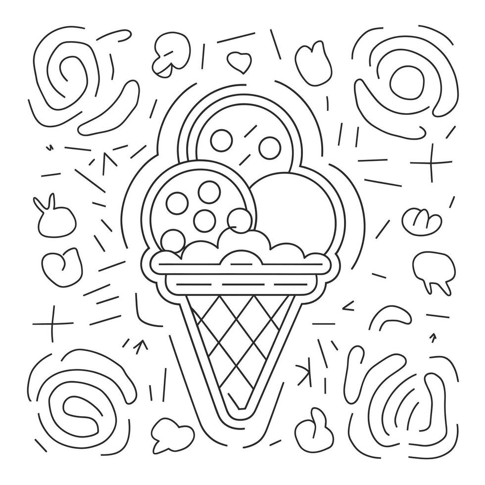 Ice cream coloring page with a waffle cone and ice cream vector