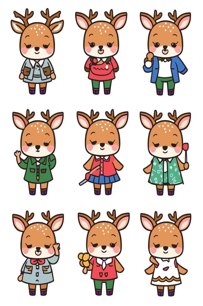 Cute deer character set illustration vector