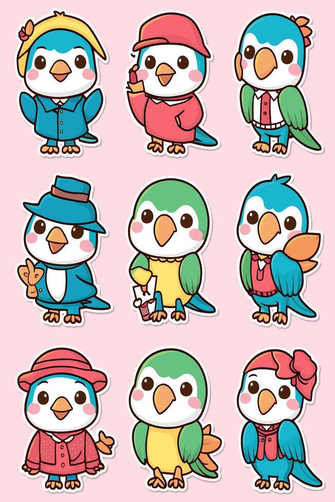 Cute cartoon birds in different outfits vector