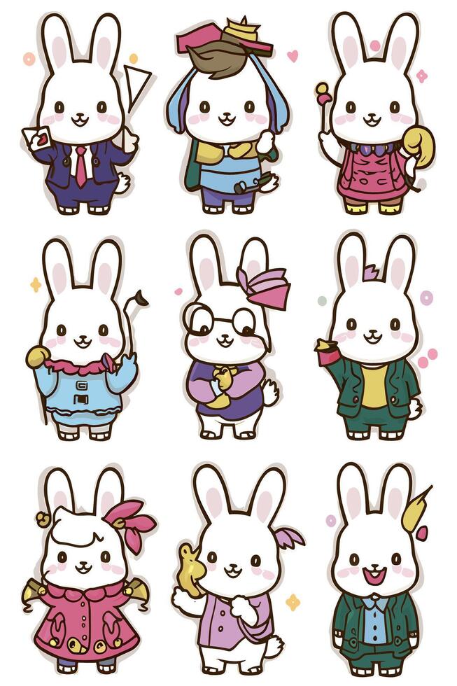 A set of stickers with different types of rabbits vector