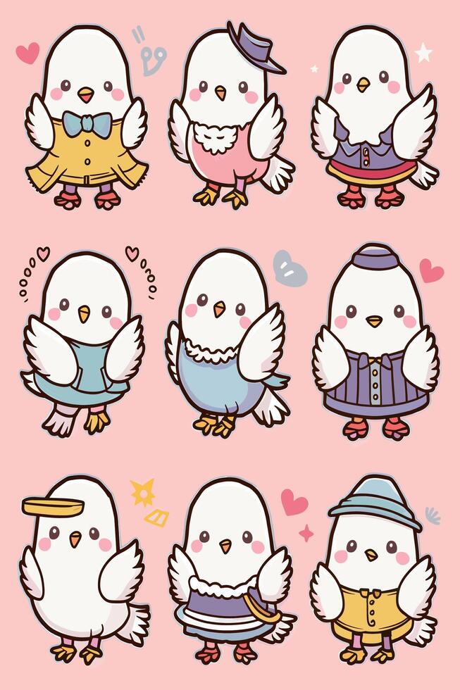 Cute white birds in different outfits vector