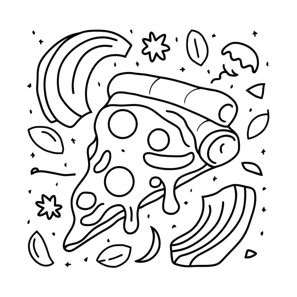 Pizza slice with toppings and a rainbow on a white background vector