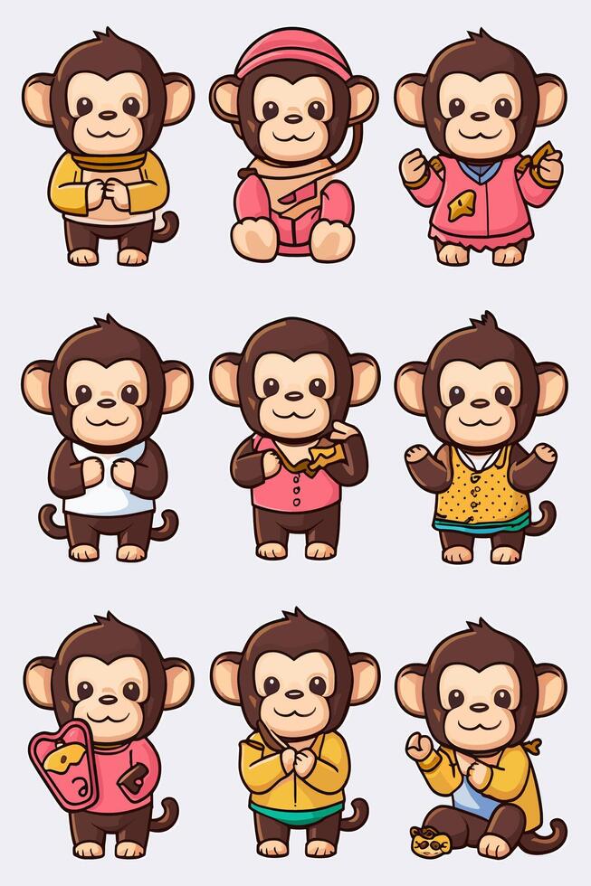 Monkey characters in different poses and poses vector
