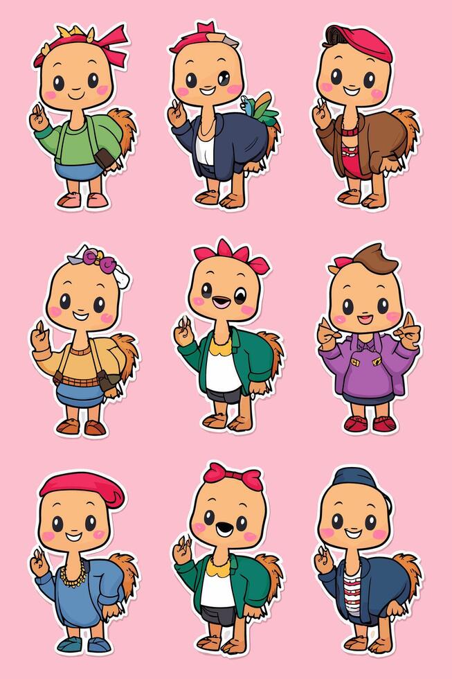 A set of cartoon characters with different outfits vector