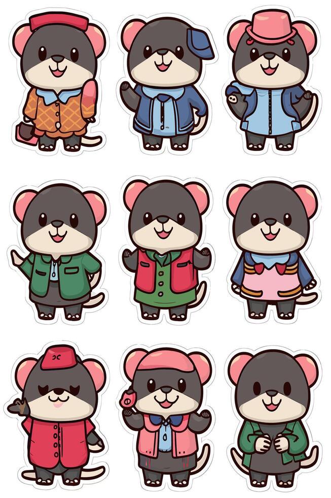 A set of stickers with different types of mice vector