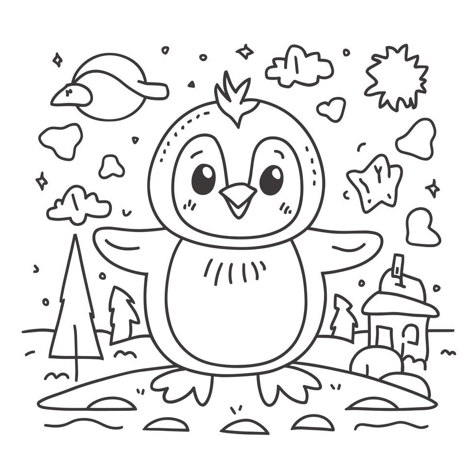 A coloring page with a penguin in the snow vector