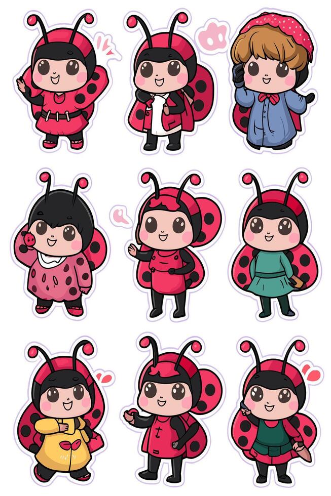 A sticker set of ladybug characters vector