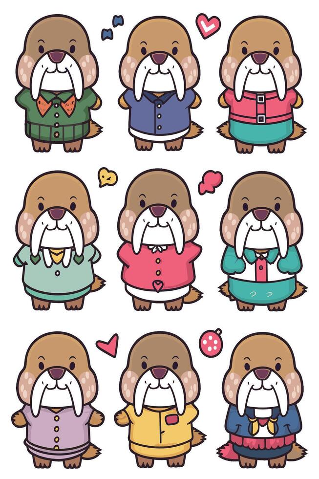A set of cartoon otters in different outfits vector