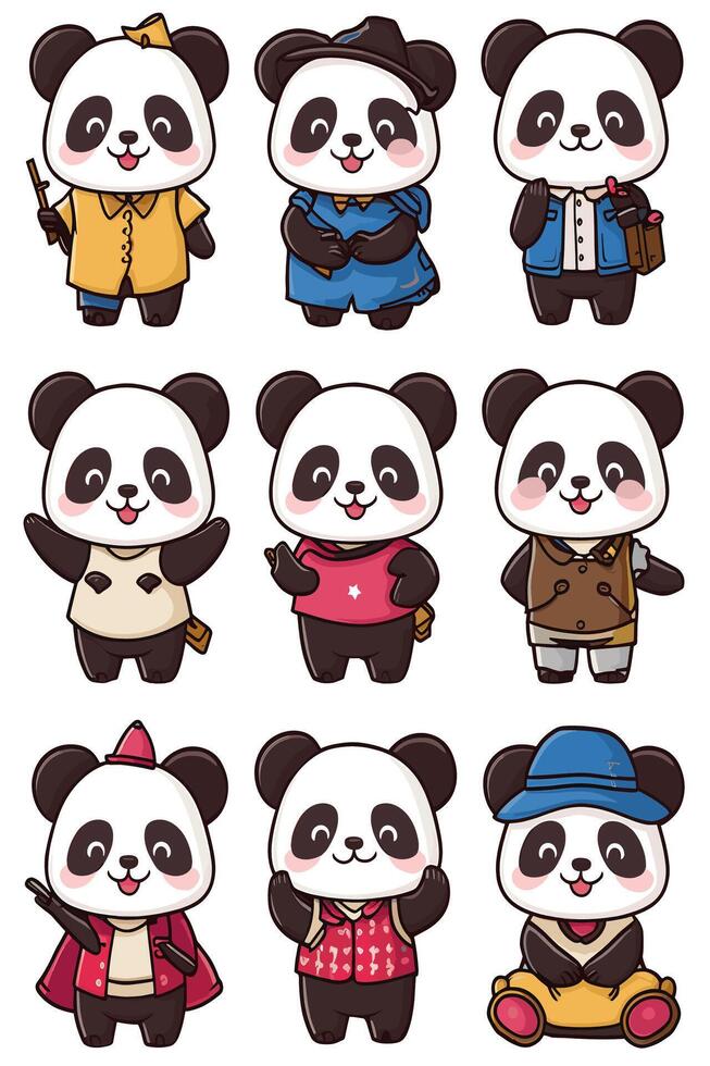 Panda bear characters in different outfits vector