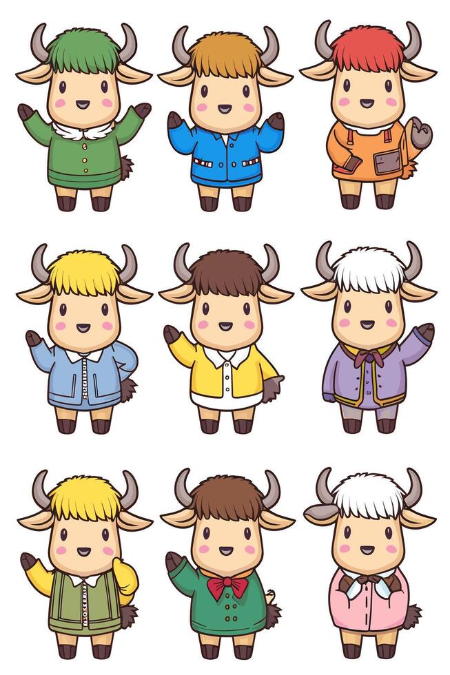 A set of cartoon cow characters in different outfits vector