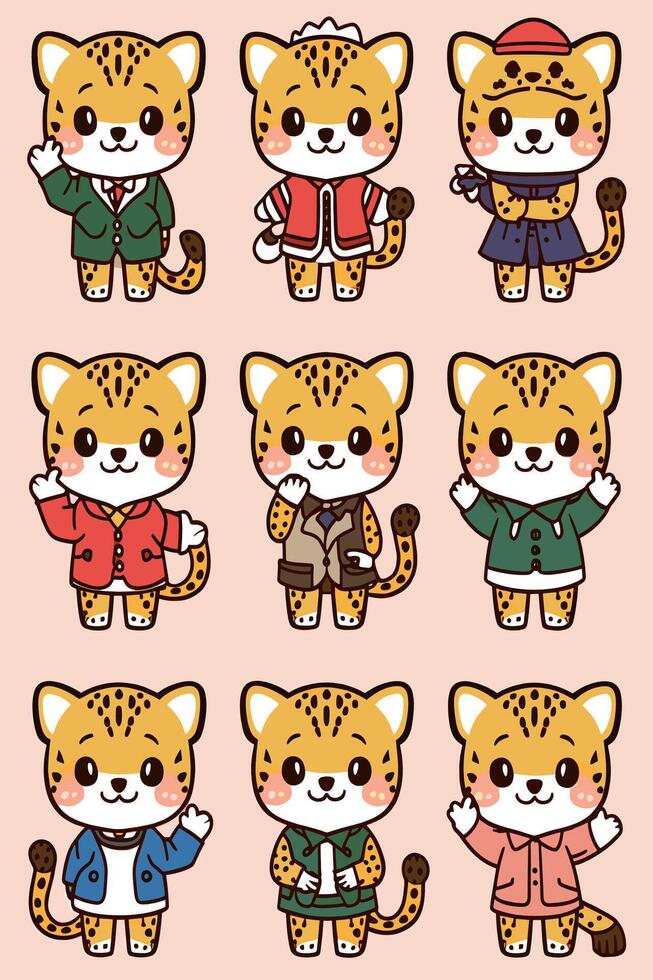 Cute leopard characters in different outfits vector