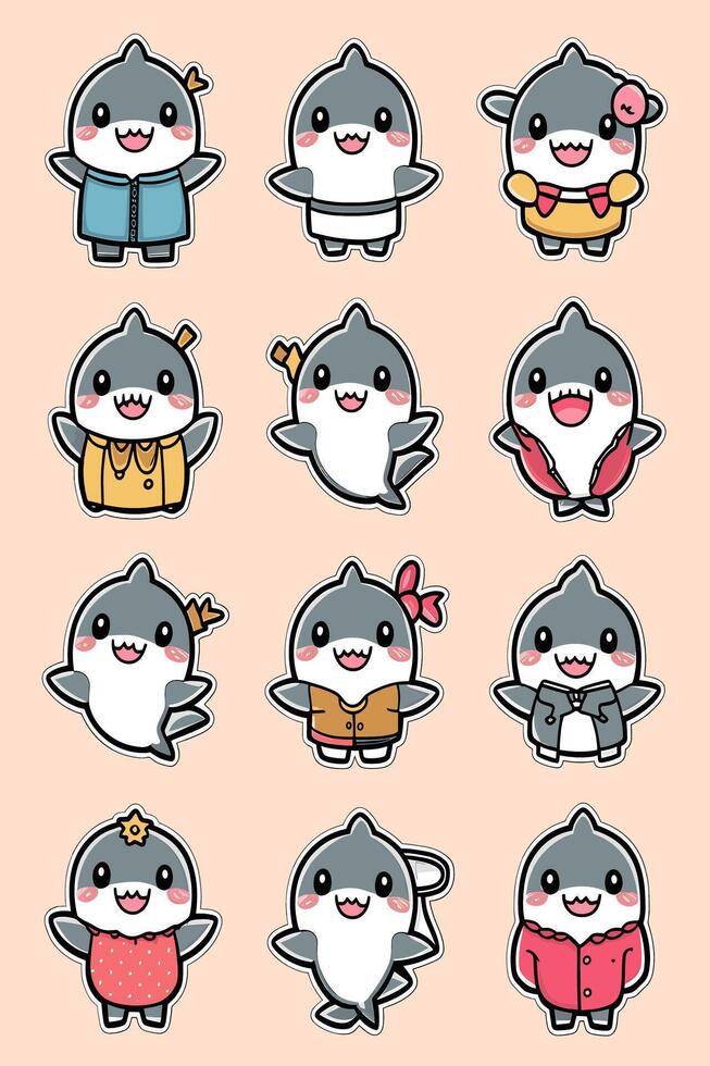 Cute cartoon shark stickers set vector