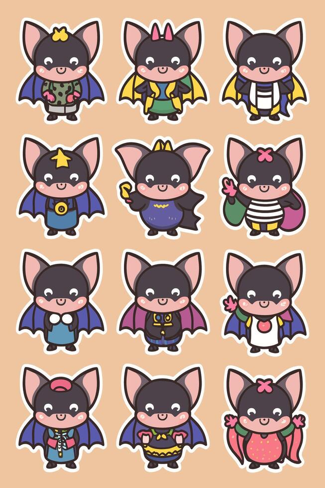 Cute bat characters in different costumes vector