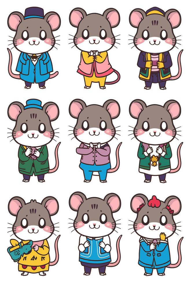 A set of cartoon mice in different outfits vector