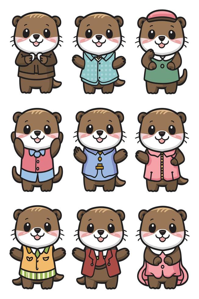 Otter characters in different outfits vector