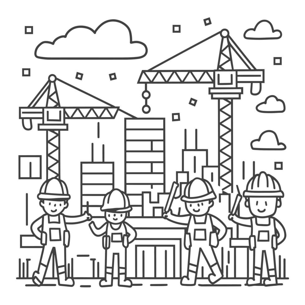 Construction workers in front of a building with cranes vector