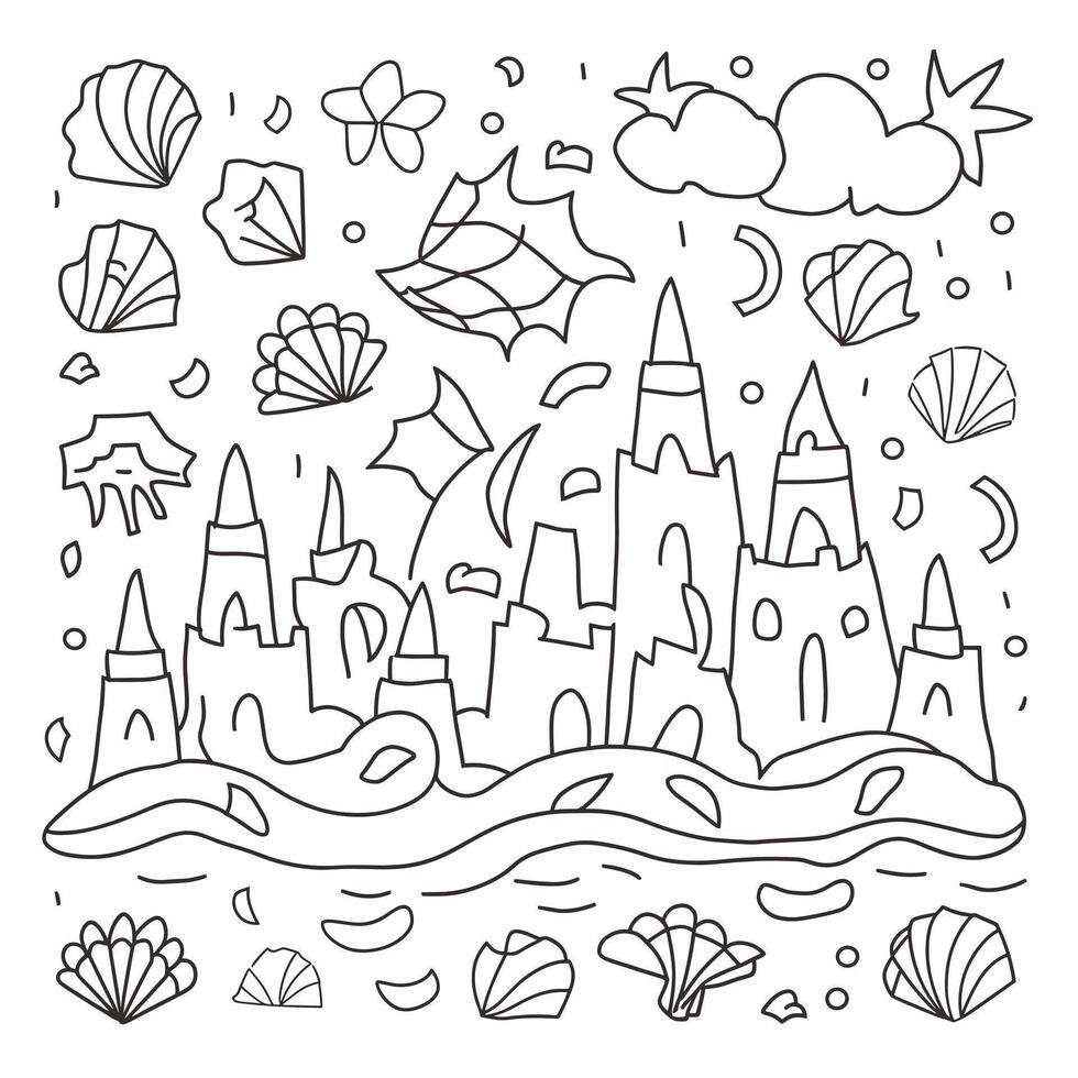 A coloring page with a castle and other objects vector