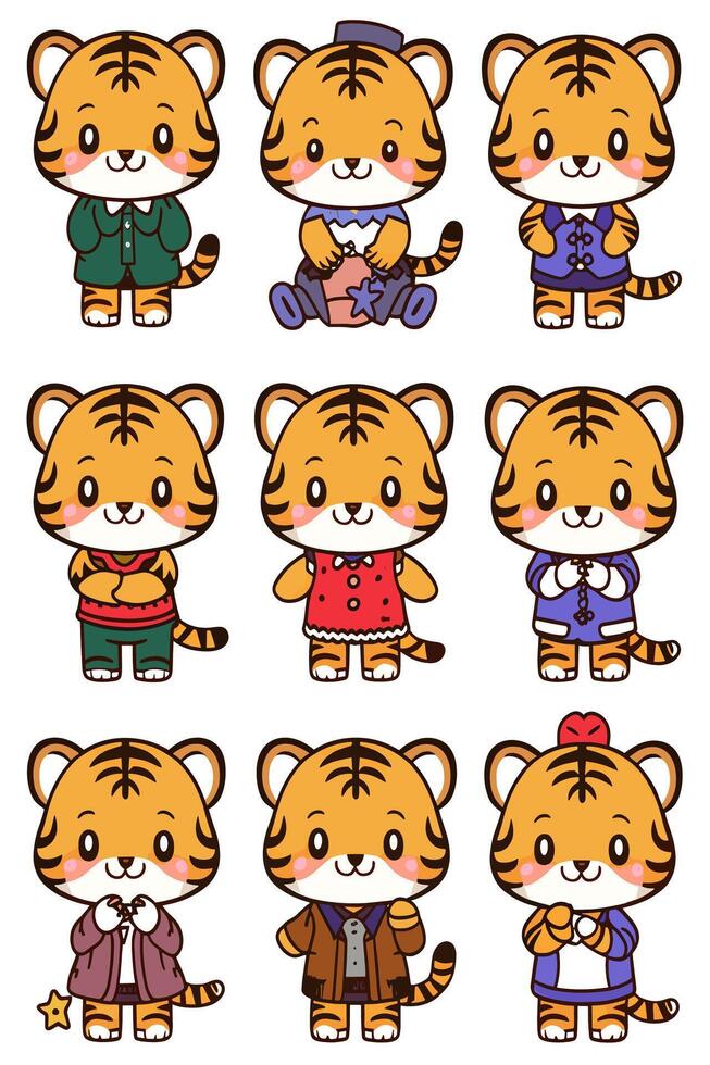 A set of cartoon tiger characters with different poses vector