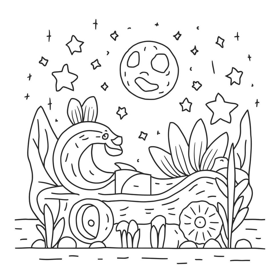 A coloring page with a fish and a moon vector