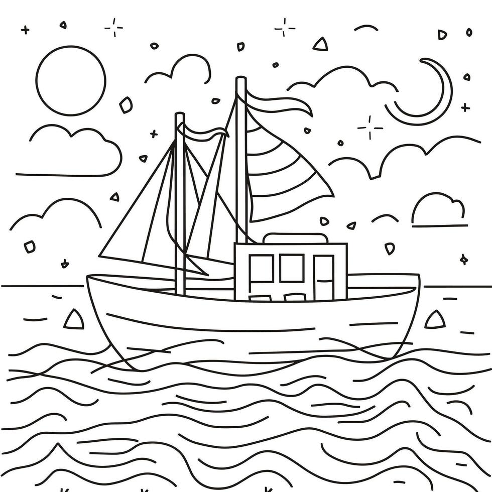 A boat in the ocean coloring page vector