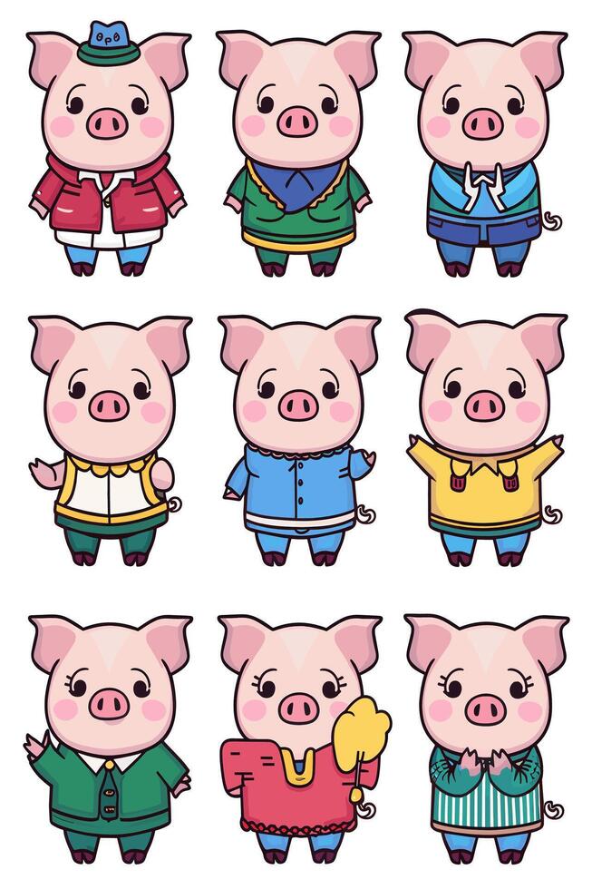 A set of pig characters in different outfits vector