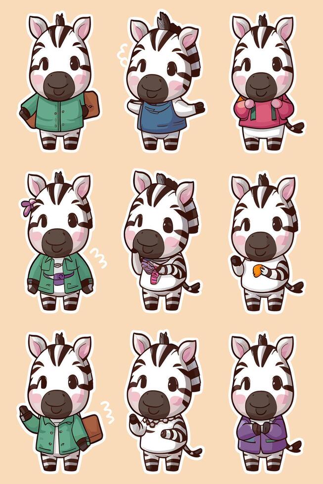 A set of stickers of a zebra in different outfits vector
