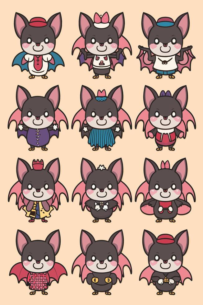 Cartoon bat characters in different costumes vector