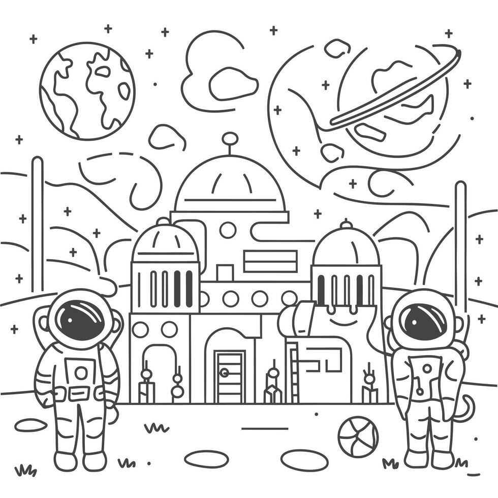 Coloring page with astronaut and planet vector