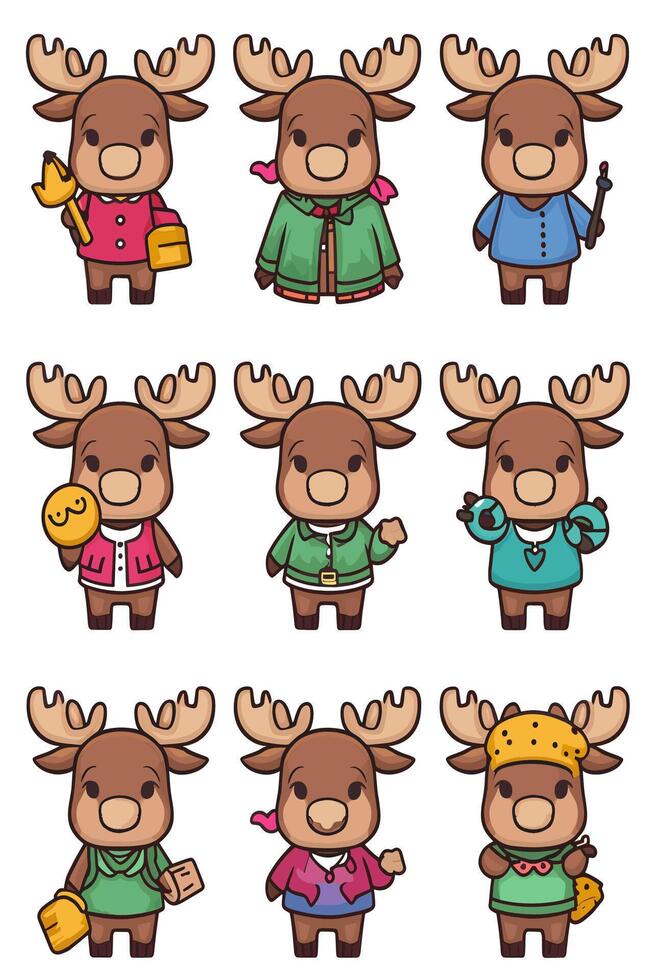 Cartoon moose characters in different outfits vector