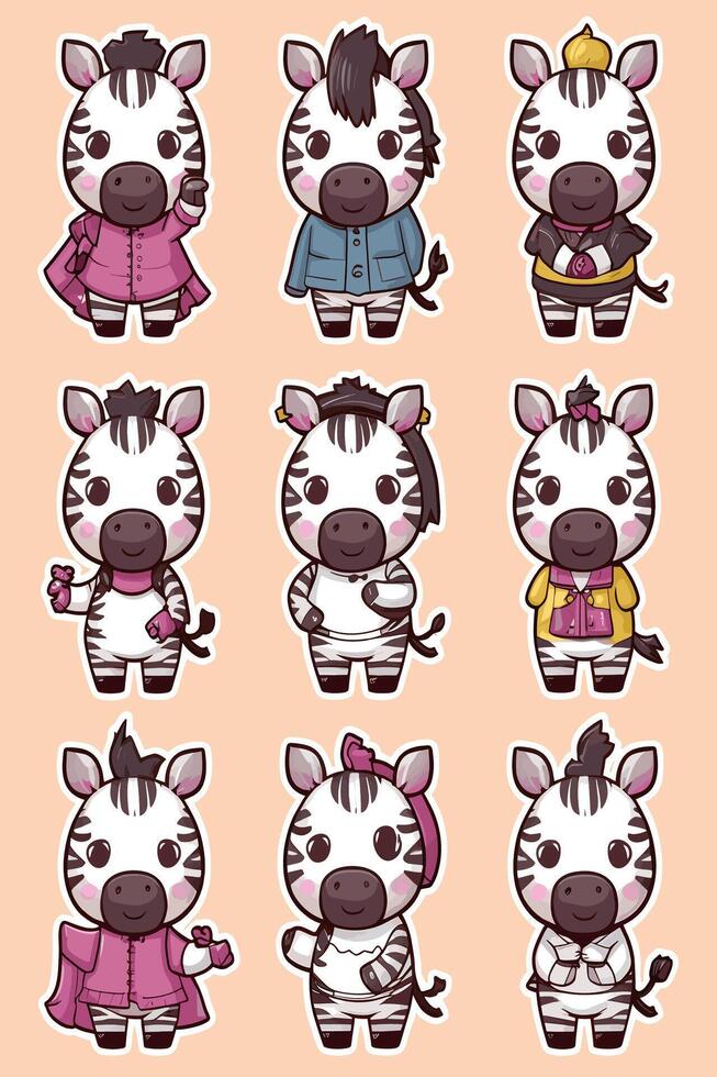 Zebra cartoon stickers set illustration vector